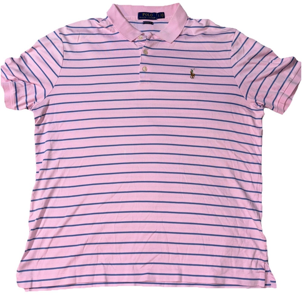 Polo Ralph‎ Lauren Mens Large Classic Fit Pink Navy Blue Striped Polo Shirt LG